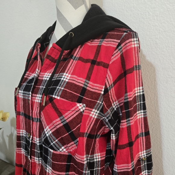 No Boundaries Hooded Plaid Flannel Button Down Shirt Size XXXL (21) Juniors - Picture 3 of 12